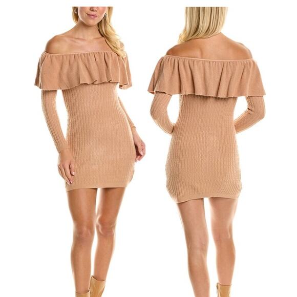 Olivaceous Sweater Dress Long Sleeve Bodycon Cashmere Blend Ruffle Nude Medium - Picture 1 of 5